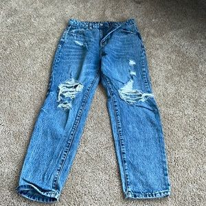 dark wash, distressed, mom jeans